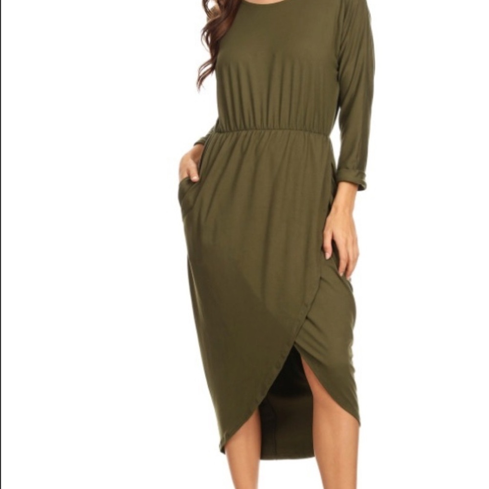 Olive Green 3/4 Sleeve Dress